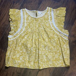 Jennifer & Grace Eyelet Lace Top Blouse XL Yellow White Flutter Sleeve Pleat